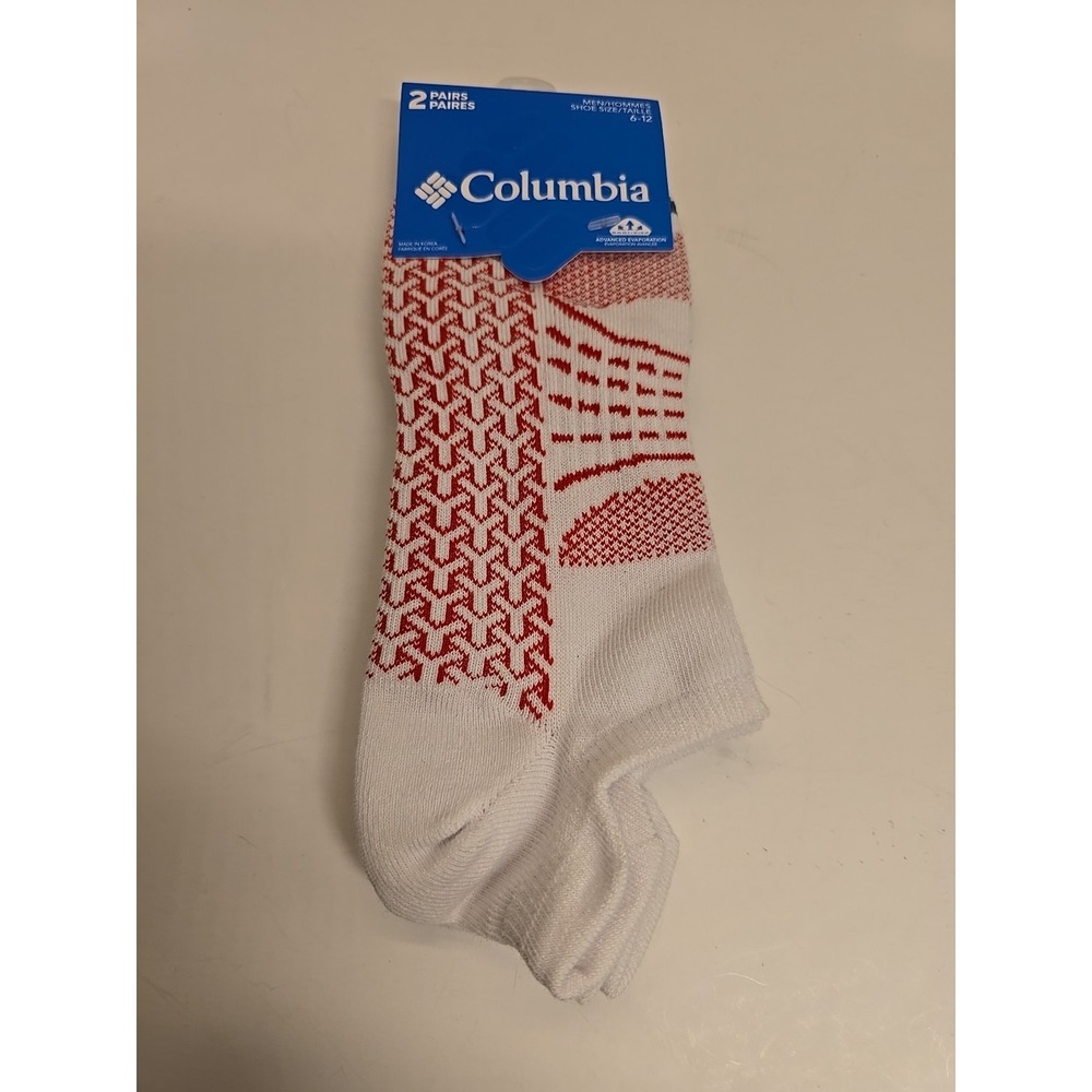 Columbia Mens Pull Tab Socks 2 Pair, White/Black/Red Pattern Mens 6-12 Shoe NEW!
